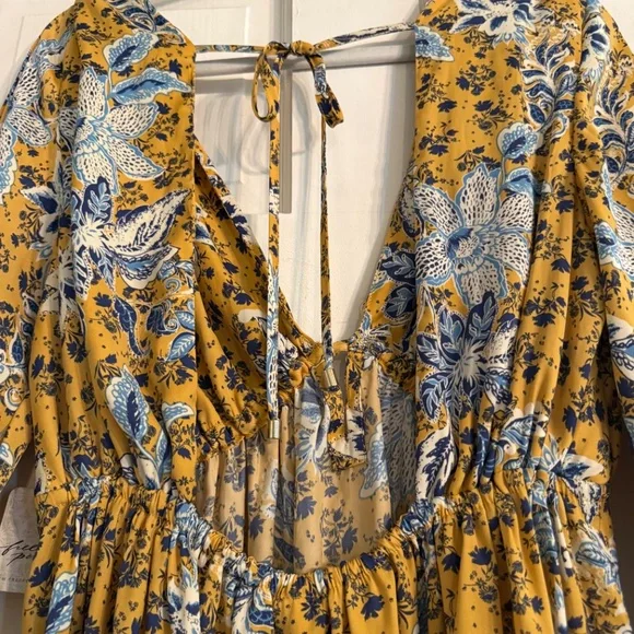 Free People sexy dress medium in marigold with blue print - Picture 3 of 6